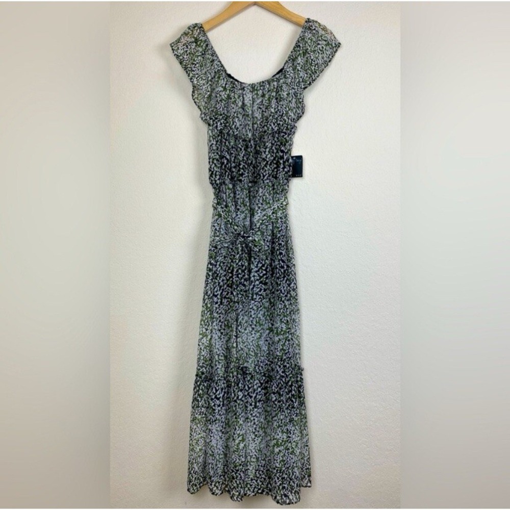 Gabby Skye 12 Maxi Dress Green Peasant Boho Belted Blouson Ruffle Off Shoulder